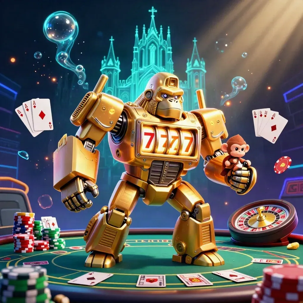 Golden gorilla mech with tiny pilot amid casino props, teal glow, dark nautical neon splash art