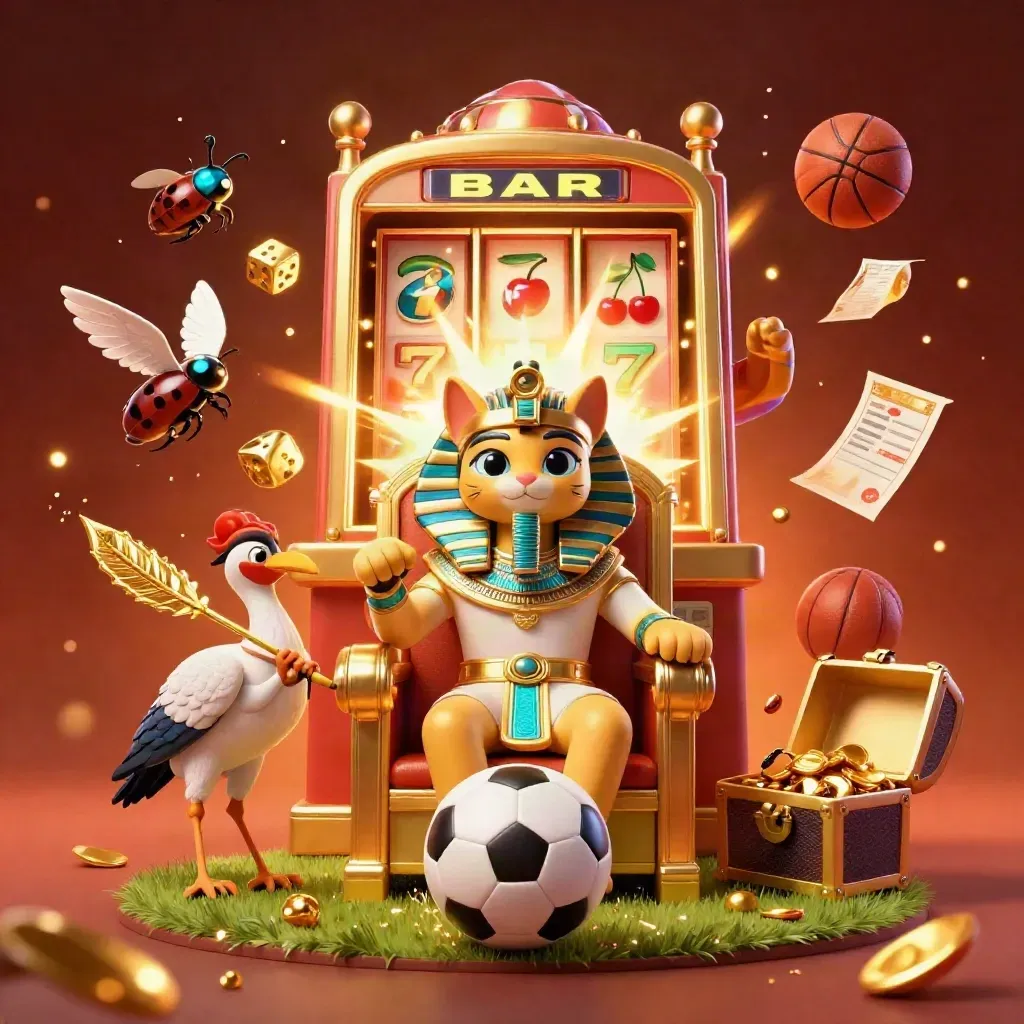 Pharaoh cat and ibis with scarabs amid slot burst, gold, and a frozen soccer ball.