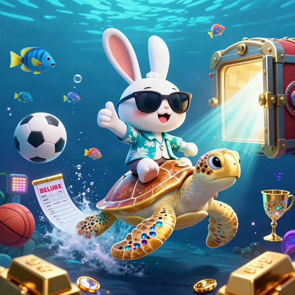 Lucky rabbit on golden turtle amid underwater treasure burst, soccer ball, basketball, gold, and bubbles