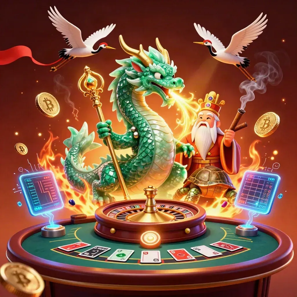 Emerald dragon, turtle sage, and cranes amid casino fire, coins, and a glowing roulette table.