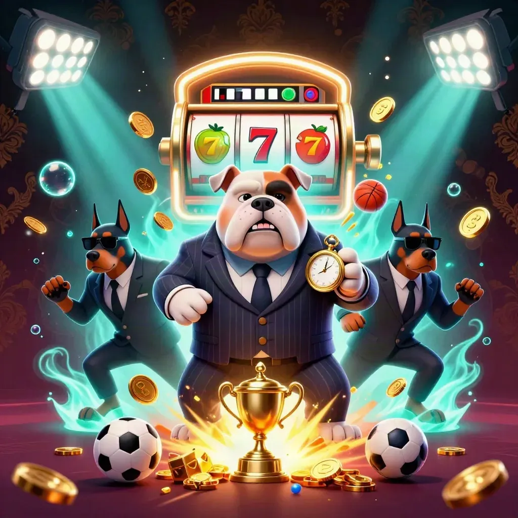 Bulldog mob boss and two Dobermans burst amid gold, gems, sports balls, and teal casino glow.
