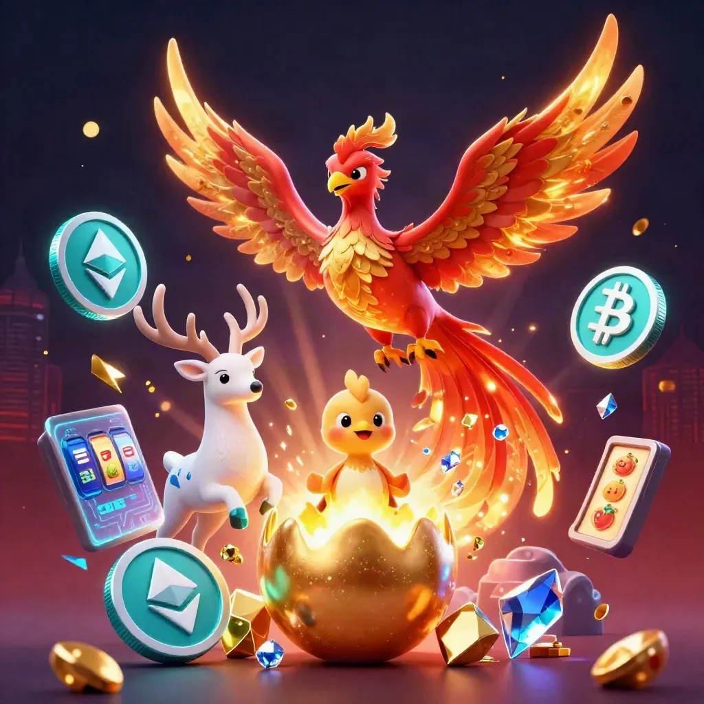 Phoenix, baby hatchling, and crystalline stag amid casino coins and red-gold light.