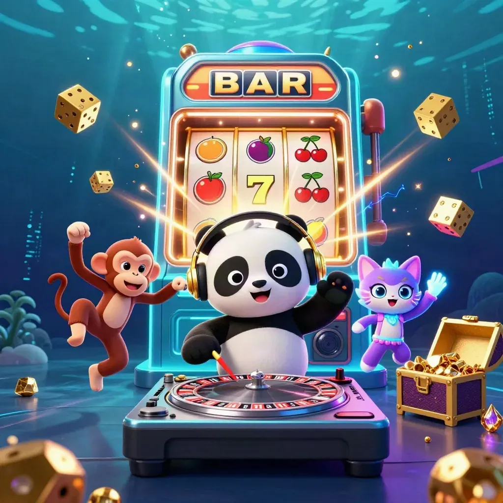 DJ panda, monkey, and glow-stick kitten amid bursting slot-machine treasure, teal neon underwater casino scene.