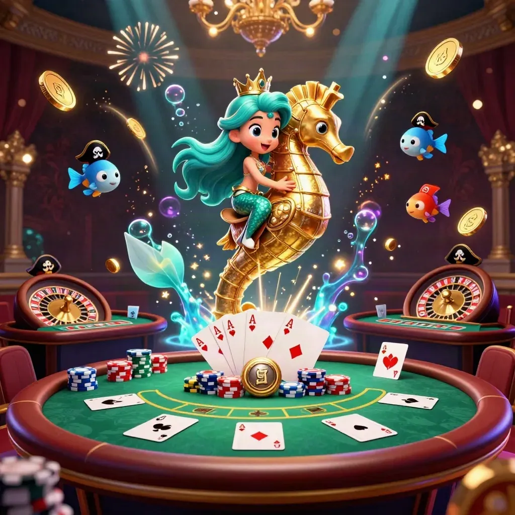Mermaid princess on armored seahorse amid casino cards, chips, roulette, vault glow, and fireworks.