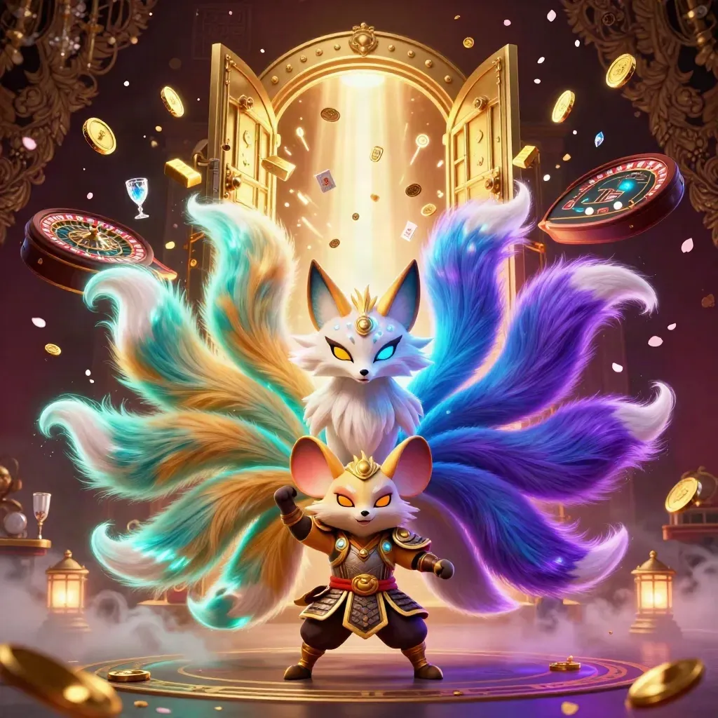 Neon fox spirit and samurai mouse amid vault gold, coins, gems, roulette, and casino magic.