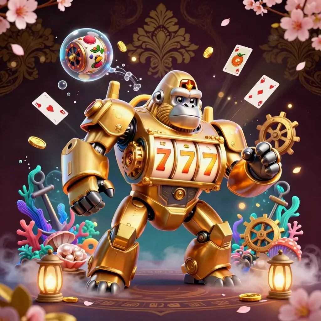 Golden gorilla slot mech with monkey pilot amid treasure cove, coins, reels, coral, and glowing fog