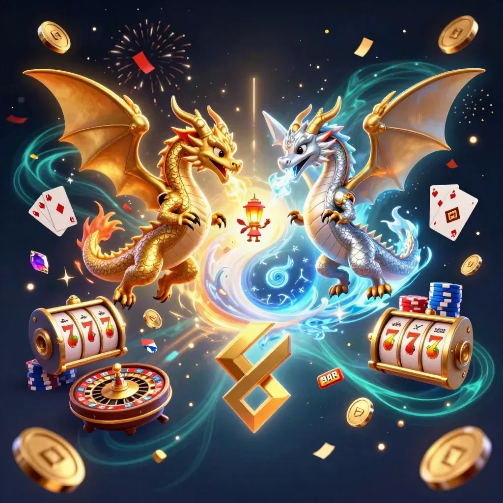 Gold and silver dragons coil around a lantern spirit amid casino icons and teal sparks.