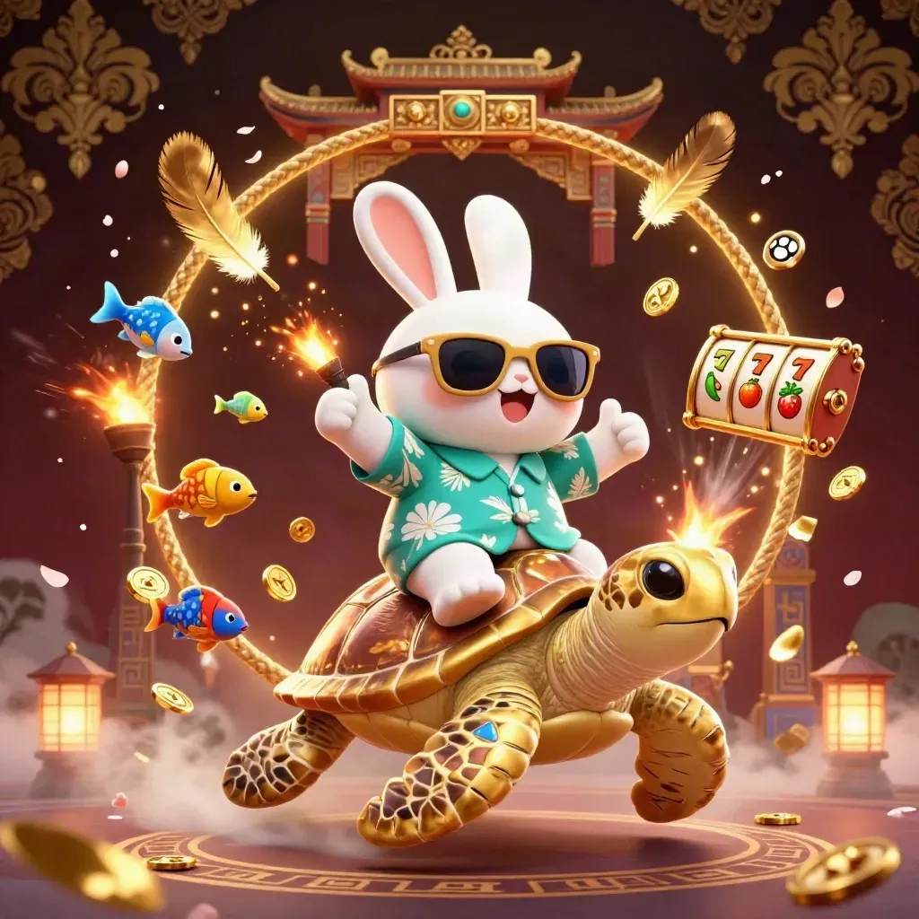 Lucky rabbit rides a golden sea turtle amid casino relics, coins, petals, and glowing runes.
